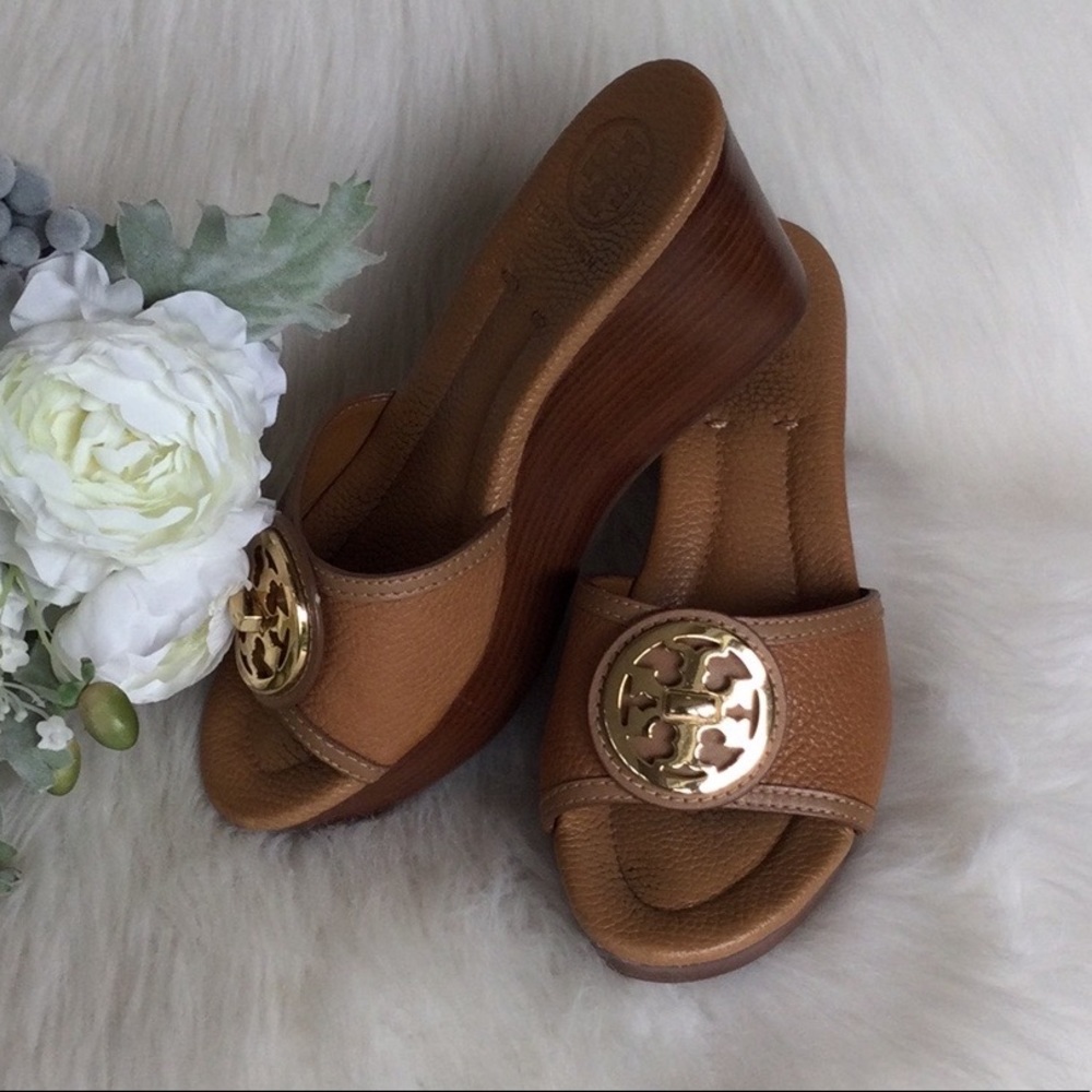 Tory Burch Brown Leather Wedge Slide Sandals with Gold Logo